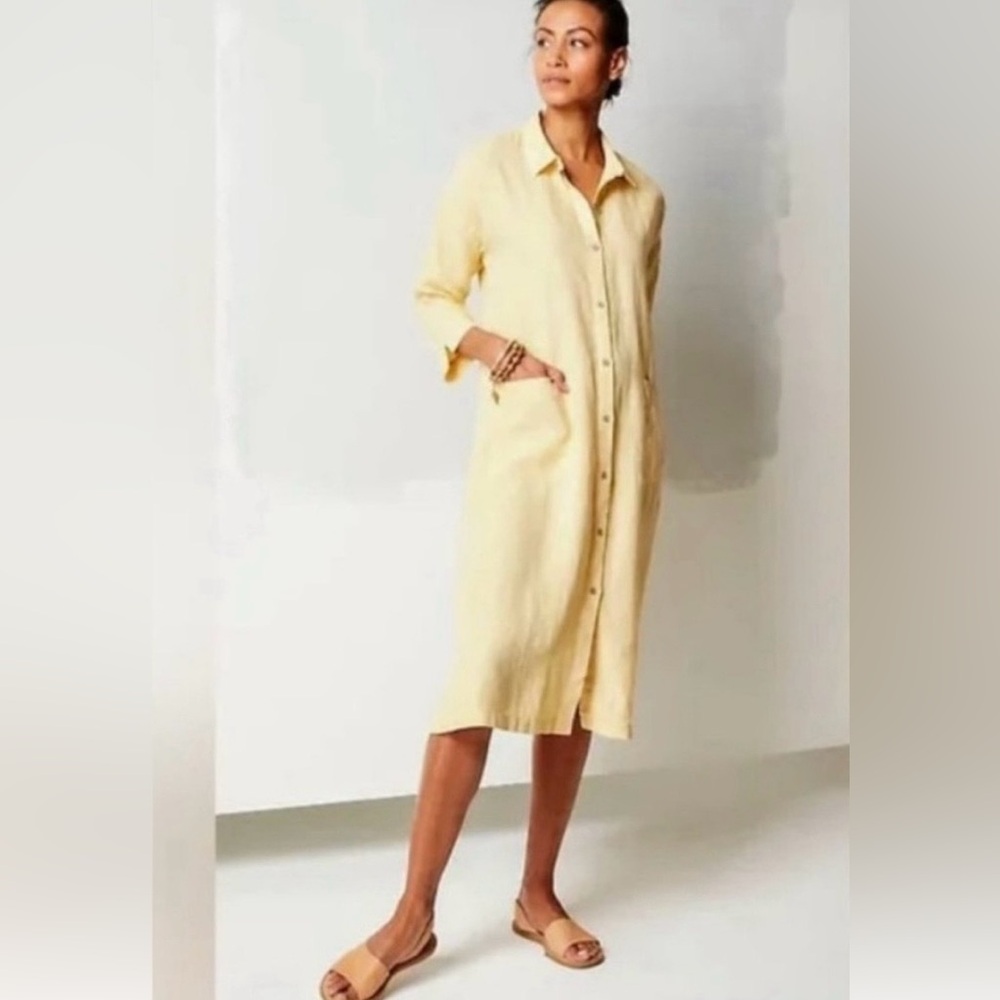 NWT J.Jill Button-Front patch pockets Butter Yellow Linen Shirt Dress